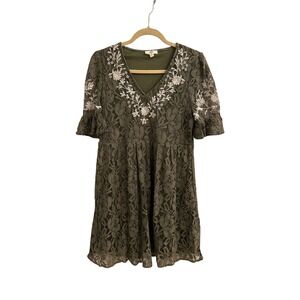Entro Boho Olive Lace Embroidered Dress Cottage Goblin Forest Fairy Earthy S